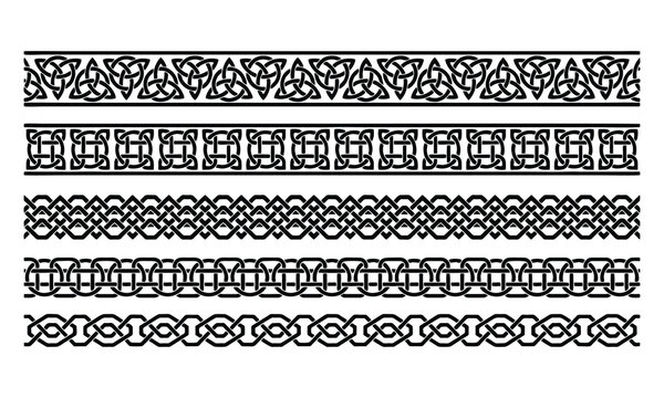 Celtic vector semaless border pattern collection, Irish braided frame designs for greeting cards, St Patrick's Day celebration. Retro Celtic collection of braided ornaments in black and white