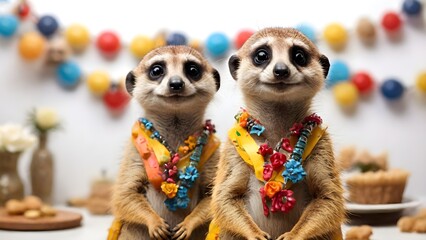 Funny meerkats at a party on a white background. Generated by AI. For advertising or postcards for birthday, March 8, Valentine's day, international Women's Day, February 14