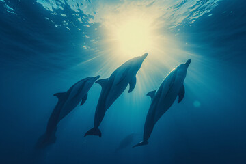A magnificent school of aquatic mammals, with sleek fins and intelligent eyes, gracefully gliding through the depths of the ocean, led by a playful wholphin, embodying the beauty and wonder of marine