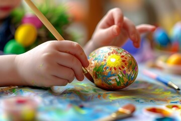A child with a brush in his hands paints an Easter egg The concept of developing children's creativity.
