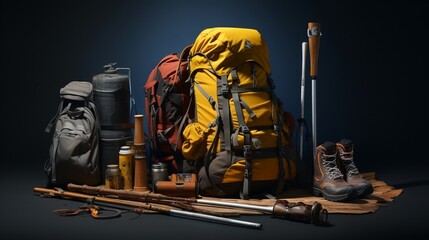 Hiking equipment rucksack boots poles and slipping pad