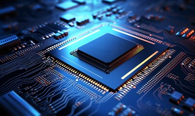 Computing processor, CPU, microchip and electronic circuit board. Advanced technology conceptual background. Generative Ai