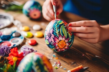A child paints a large Easter egg. The concept of developing children's creativity.