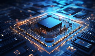 Computing processor, CPU, microchip and electronic circuit board. Advanced technology conceptual background. Generative Ai