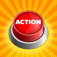 Action red button on yellow colorful bright background raster illustration. Concept illustration. Hand drawn color raster illustration.