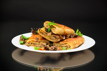 fried thin pancakes stuffed with meat and mushrooms.