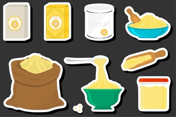 Illustration on theme big set different types dishware filled corn flour