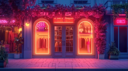 exterior of a neon decorated shop.