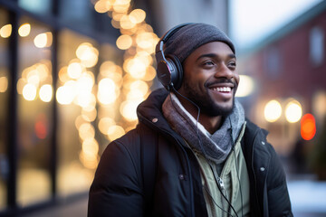 Fototapeta premium Happy, Handsome Young Man Enjoying Music Outdoors with Earphones in the City