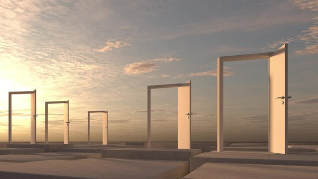 abstract business symbol with doors and cloud-sky - 3D Animation