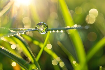 Beautiful water drop sparkle on a blade of grass in sunlight