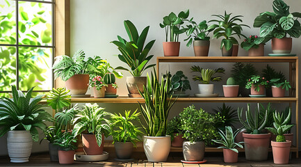 Potted plants in a green house with plants in pots,floor,vibrant mix of flowers, herbs ,and greenery, bringing nature indoors.
Indoor plants,potted plants help clean air and remove toxins concept.