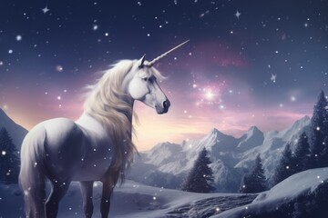 Unicorn pegasus horse in winter in the snow