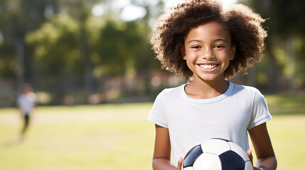 Teenager girl plays football. Football field and portrait with soccer ball. Teen Youth Soccer....
