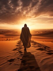 Fototapeta na wymiar a Muslim man wearing a robe walking on the vast desert seen from behind, Afternoon, Sunset Light - generative ai
