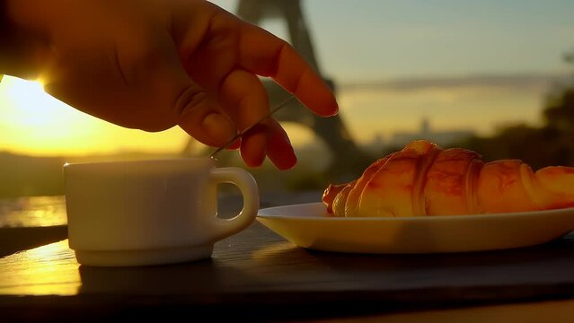 Hand stirs coffee in a cup with a spoon against the backdrop of the Eiffel Tower early in the morning. High quality 4k footage