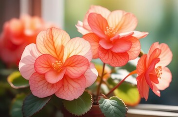 Begonia flowers with big petals and buds in pink and orange, isolated on white - obrazy, fototapety, plakaty