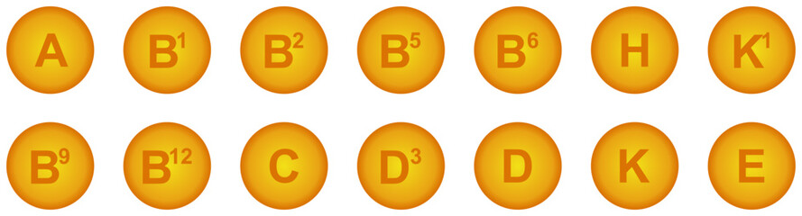 Set of Multi Vitamin complex icons. Multivitamin supplement. Vitamin A, B group B1, B2, B6, B12, C, D, D3, E, K, Mg, Ca, Omega. Essential vitamin complex. Healthy life concept