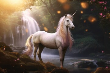 Obraz na płótnie Canvas A magical realistic unicorn pegasus standing by a cascading waterfall in the forest