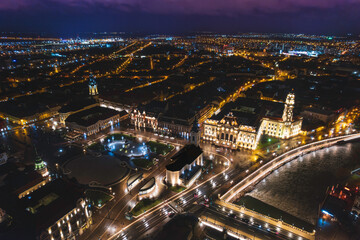 Silent Spires: Mesmerizing Nighttime Aerial View of Oradea, Romanias Cityscape