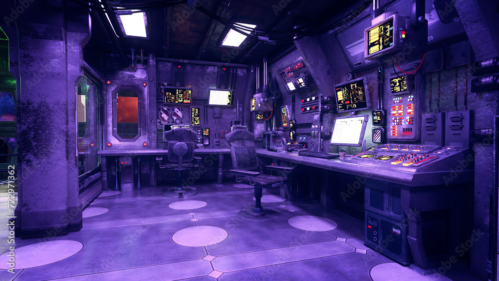 Poster fantasy future space station control room full of computer equipment. 3d rendering.
