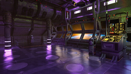 Large observation deck in a science fiction space station. 3D illustration.