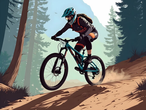 siluet mountain bike, downhill, flat color, 2 color, vector professional,