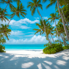 beach tropical with palm trees and a beautiful calm sea with crystal clear waters. Vacation concept.AI