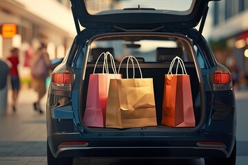 Retail Therapy on the Go: Loaded Shopping Bags in Car Trunk at Mall Parking Lot