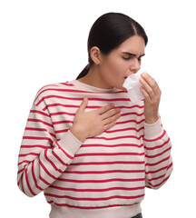 Woman with tissue coughing on white background. Cold symptoms