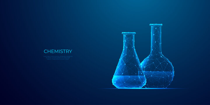 Abstract 3D chemistry lab tube. Science, medical, education concepts. Chemical beaker and flask. Laboratory signs. Digital technology futuristic style. Polygonal vector illustration on blue background