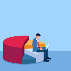 man sitting at a pie chart analyzing the market, a metaphor for market share. Simple flat conceptual illustration.