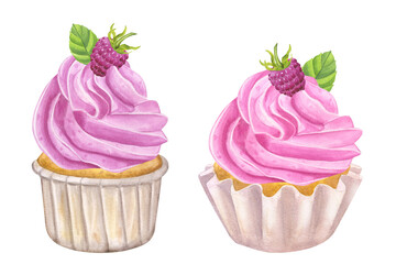 Cupcake pink sweet cream. Muffin, raspberry, mint. Food clipart. Postcard Valentine's Day. Hand drawn watercolor illustration isolated on white background. For cafe menu pastry shop