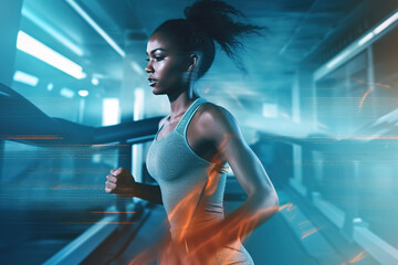 Fototapeta na wymiar African American athlete jogging on treadmill during her sports training in a gym.