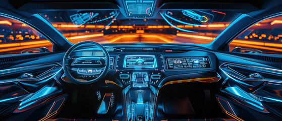 Fototapeta premium autonomous minimalistic futuristic car dashboard concept with HUD and hologram screens and infotainment system