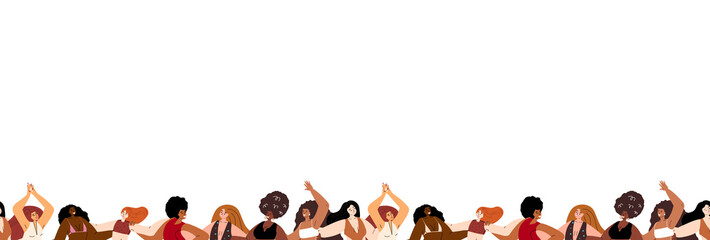 Banner,Leaflet with place for text,white background.Beautiful Women with Different Beauty,Hair,Skin Color.Party,Dances.Different Races,Nations.Diversity.The Femininity Concept.Vector flat Illustration