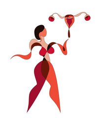 Hand drawn Colorful Woman keeping Womb Uterus.Feminine Health.Anatomical Female Ovaries in stained glass glaze syle.Female Reproductive System.Vagina Symbol Menstruation.Free Women.Vector Illustration