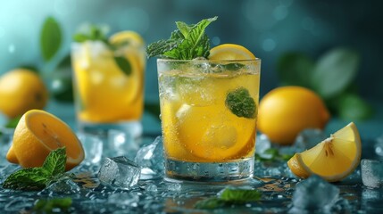 Fototapeta premium glass of lemonade with icecubes well decorated product photo