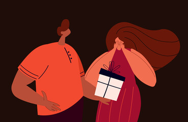 Happy Romantic People.Smiling Young Man Presenting a Surprise,Gift Box for Girlfriend for St Valentine's Day or Birthday.Loving Romantic Couple Celebrate Valentine Day Holiday.Flat Vector Illustration