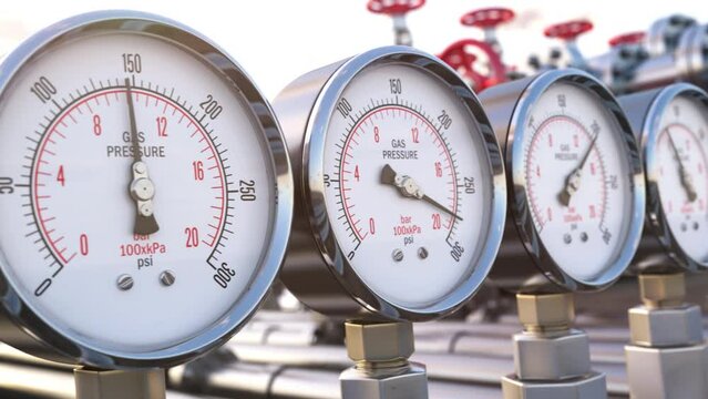 Row of gas pression gauge meters on gas pipeline. Gas extraction, production, delivery and supply concept