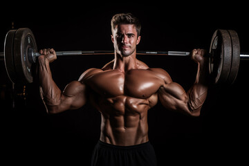 Fototapeta na wymiar Strong male bodybuilder lifting barbells on black background.