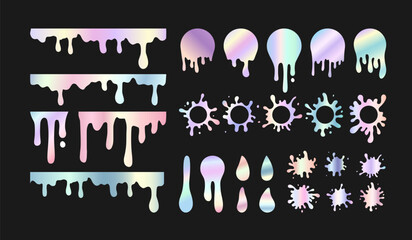 Vector holographic paint blob set. Trendy gradient liquid splash, round ink splatter, dripping paint collection. Paint flows circle stickers, metallic abstract stains badges and drops design elements.