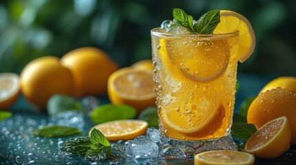 glass of lemonade with icecubes well decorated product photo