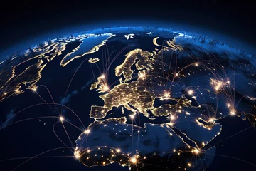 Photo sur Plexiglas Europe du nord Global network communication connections above Europe and north Africa viewed from space.