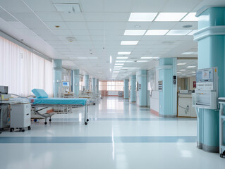 a hospital room with beds and a table - obrazy, fototapety, plakaty