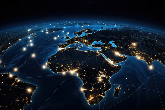 Global network communication connections above the World viewed from space.