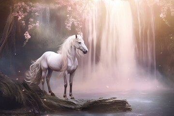 A white horse standing gracefully beside a cascading waterfall in the forest, copy space