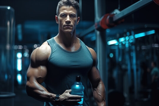 Portrait of muscular sporty man resting after exercise and holding protein shake in the gym.