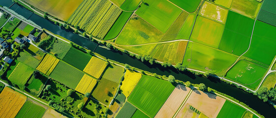 Banner of aerial satellite view of cultivated agricultural farming land fields  as a typical European or countryside farmland village town with canal river