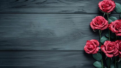 Red Roses ona wooden background. Romantic Anniversary Banner with Floral and Elegance flowers. - obrazy, fototapety, plakaty
